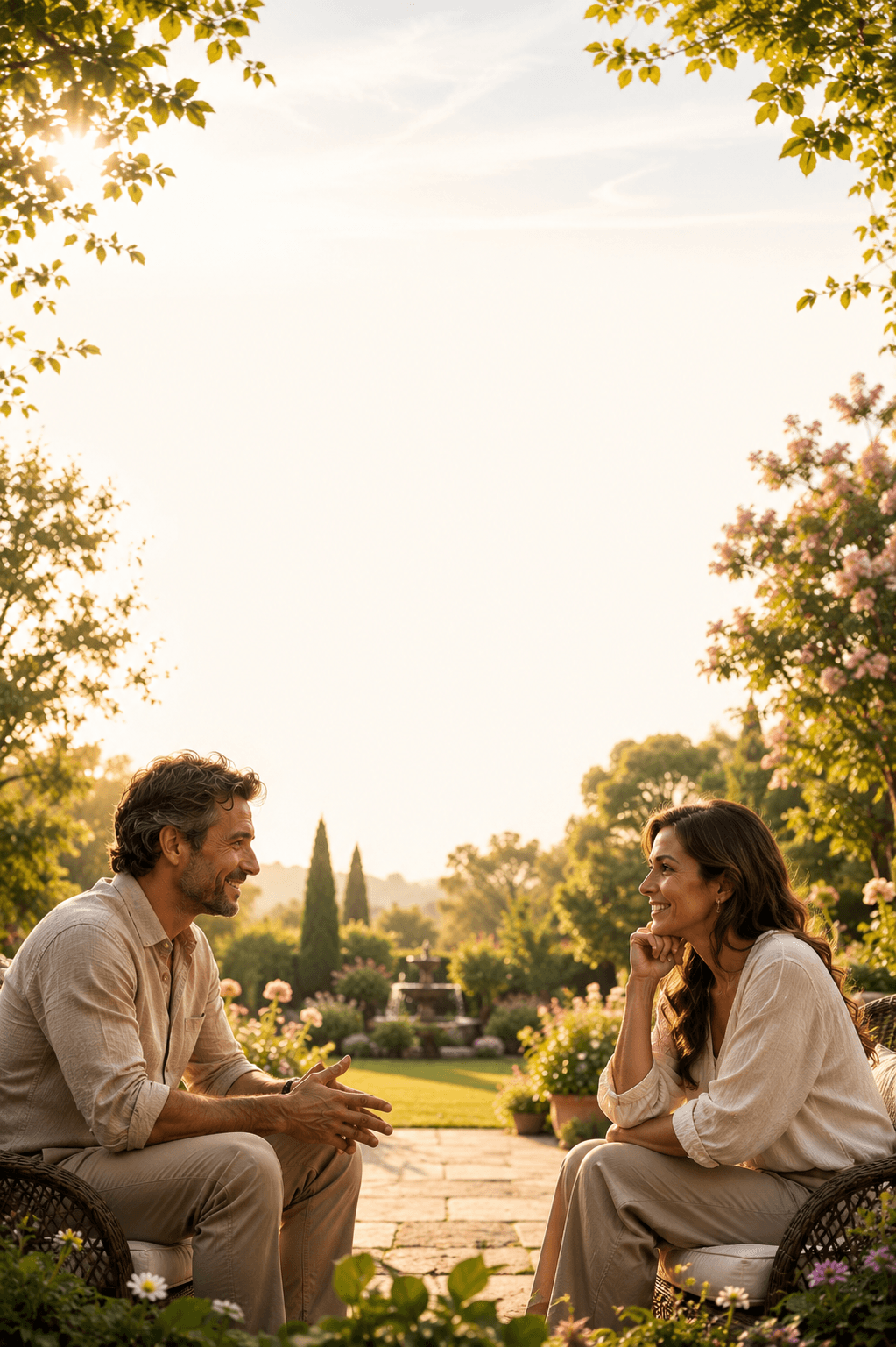 Casal adulto conversando em um jardim
